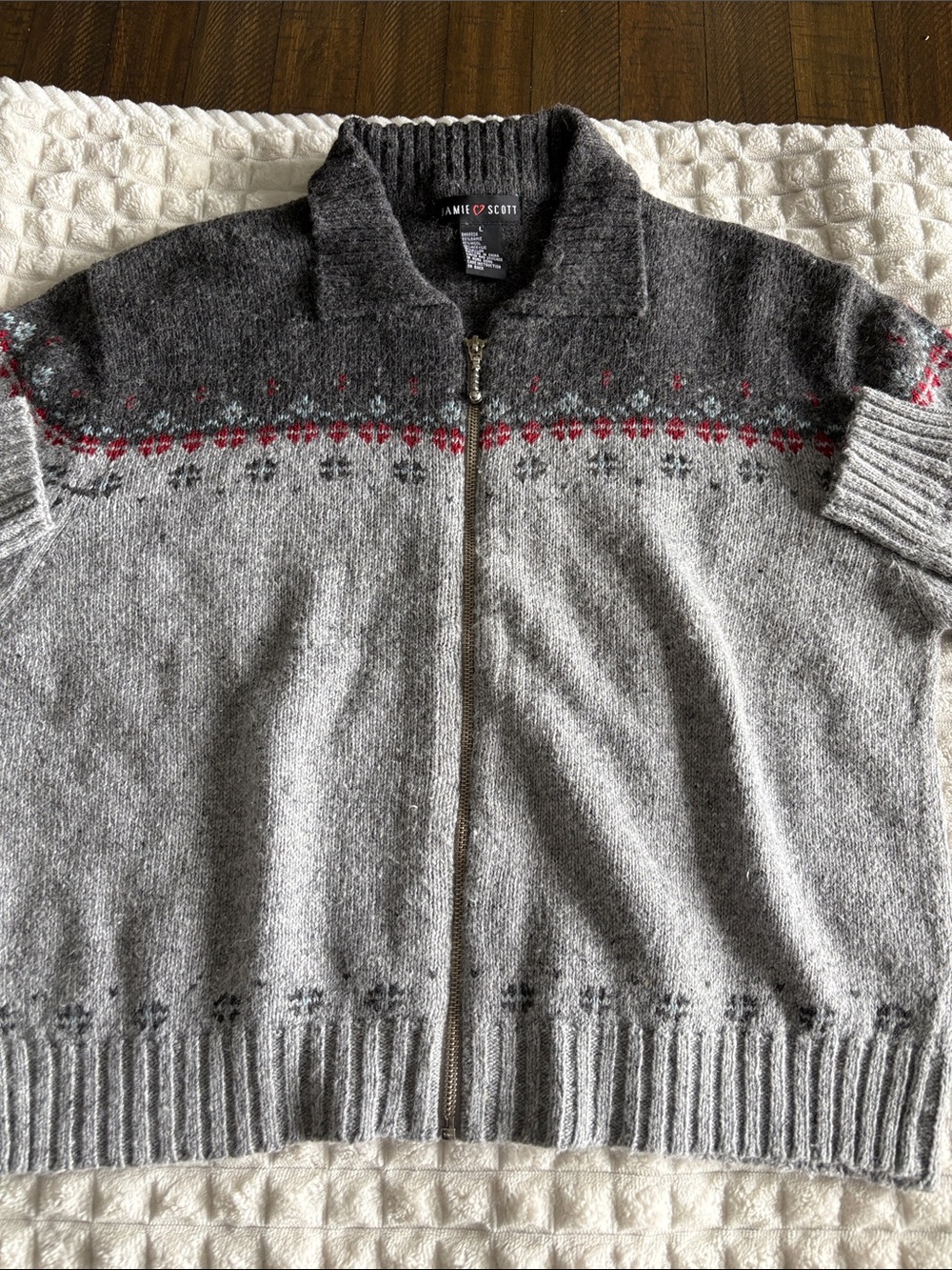 Jamie Scott Red Gray Zip Wool blend Cardigan Sweater L Diamond design Warm Cozy